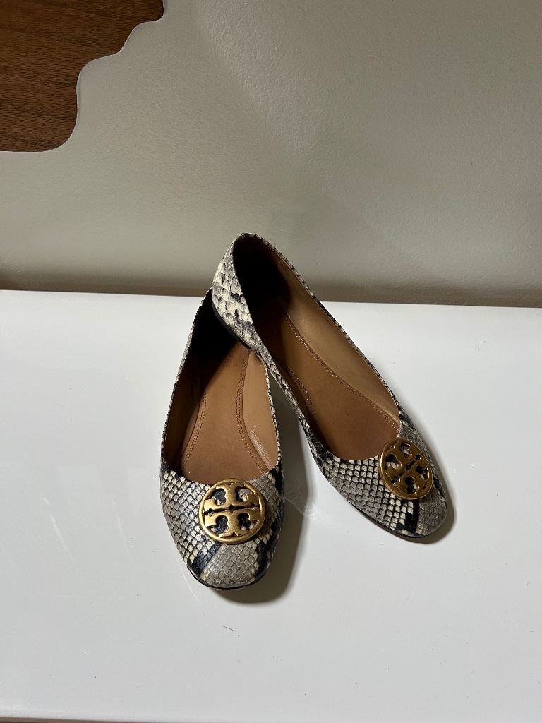 Tory Burch Womenâs Ballet Flats Us 7.5 Animal Pattern Black White Brown Gold